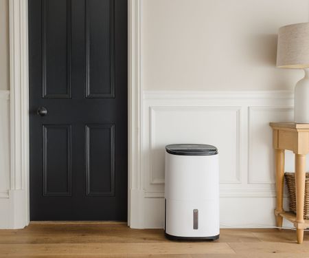 A white tower dehumidifier in a neutral entryway with wooden floors. A dark painted internal door beside it. 