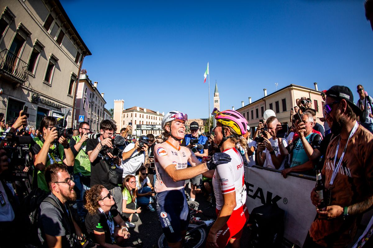 Third place Demi Vollering (Netherlands) congratulates winner Kasia Niewiadoma (Poland)