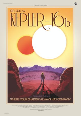 A poster suggests what the view on exoplanet Kepler-16b might be like.