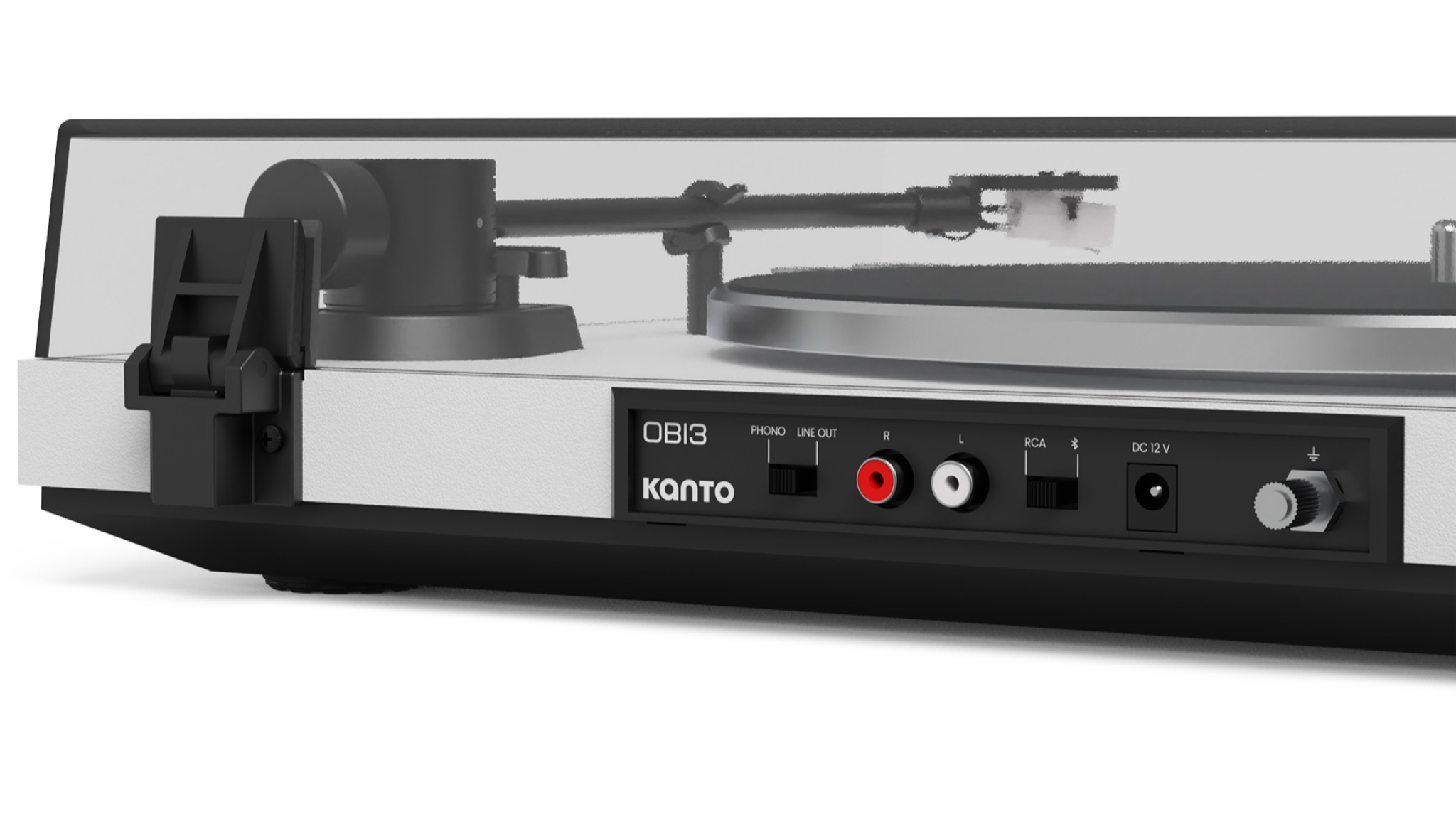 Kanto Audio Obi3 turntable shot from behind on a white background
