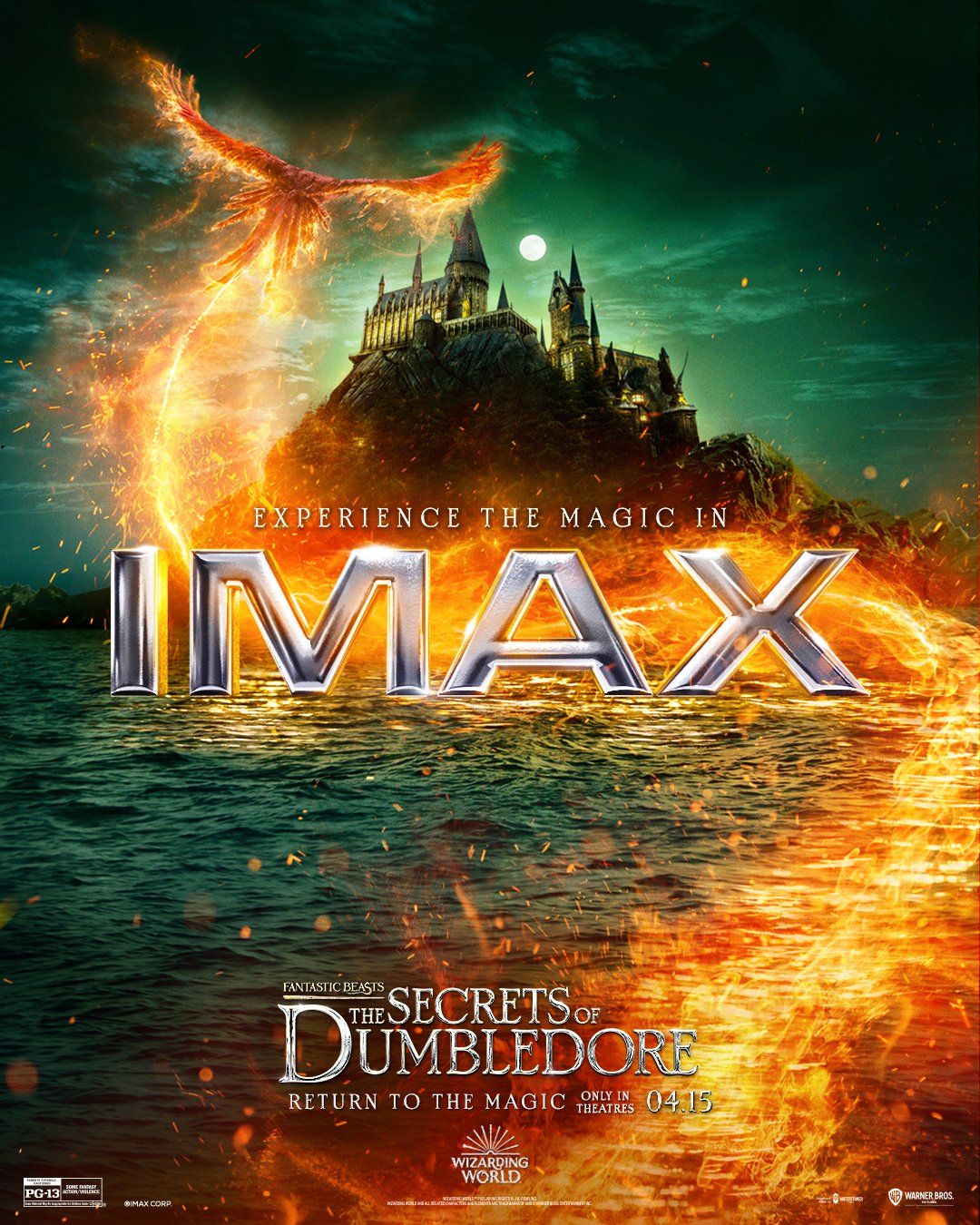 A phoenix flying to Hogwarts on the Fantastic Beasts: The Secrets of Dumbledore poster