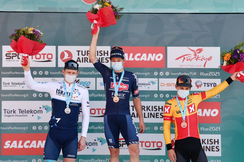 The Tour of Turkey stage 6 podium (l-r): Andre Greipel, Jasper Philipsen and Kristoffer Halvorsen
