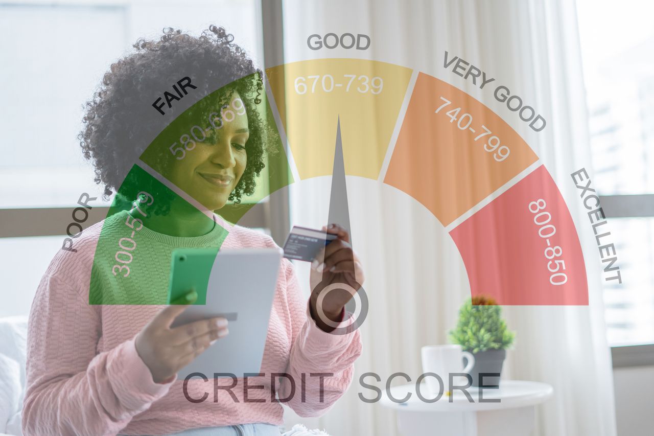 A woman considers bank switching with credit score graphic over the top of the photo.