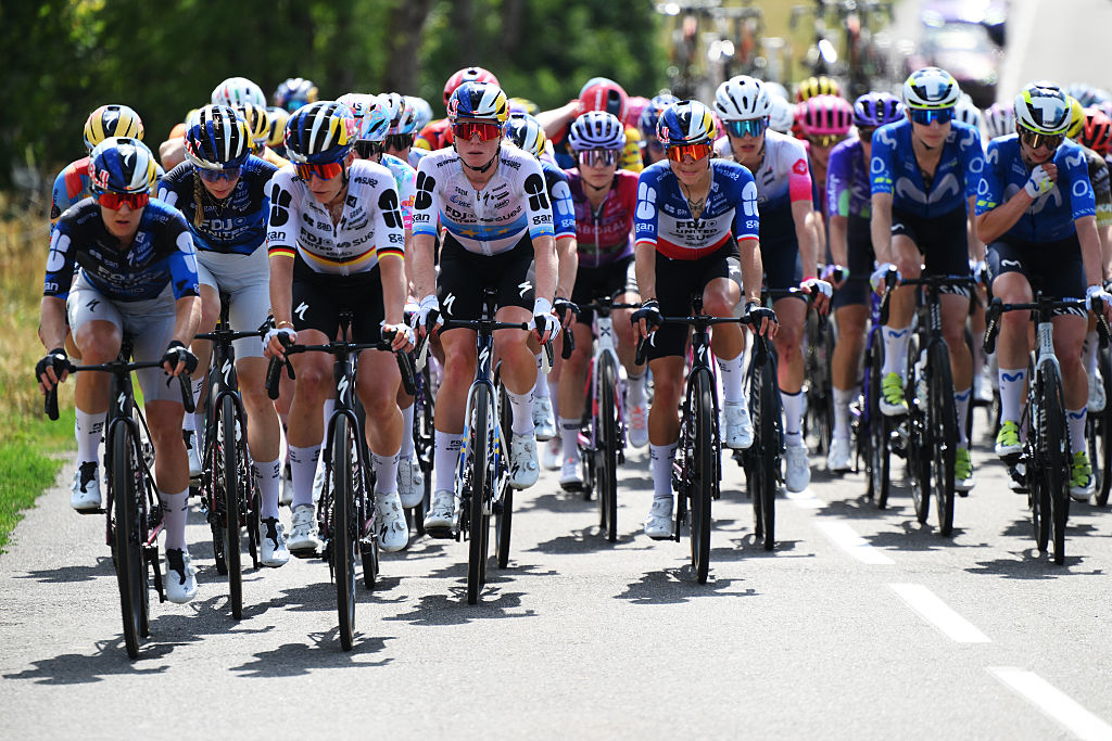 POLIGNY, FRANCE - AUGUST 03: (L-R) Evita Muzic of France and Demi Vollering of Netherlands and Team FDJ United - SUEZ compete during the 5th Tour de France Femmes 2026 - Stage 3 a 156.5km stage from Geneva to Poligny / #UCIWWT / on August 03, 2026 in Poligny, France. (Photo by Alex Broadway/Getty Images)