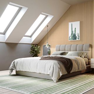 loft conversion bedroom with slatted wall panelling and rooflights