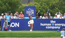 Nelly Korda hits a tee shot at a par 3 during the Chevron Championship