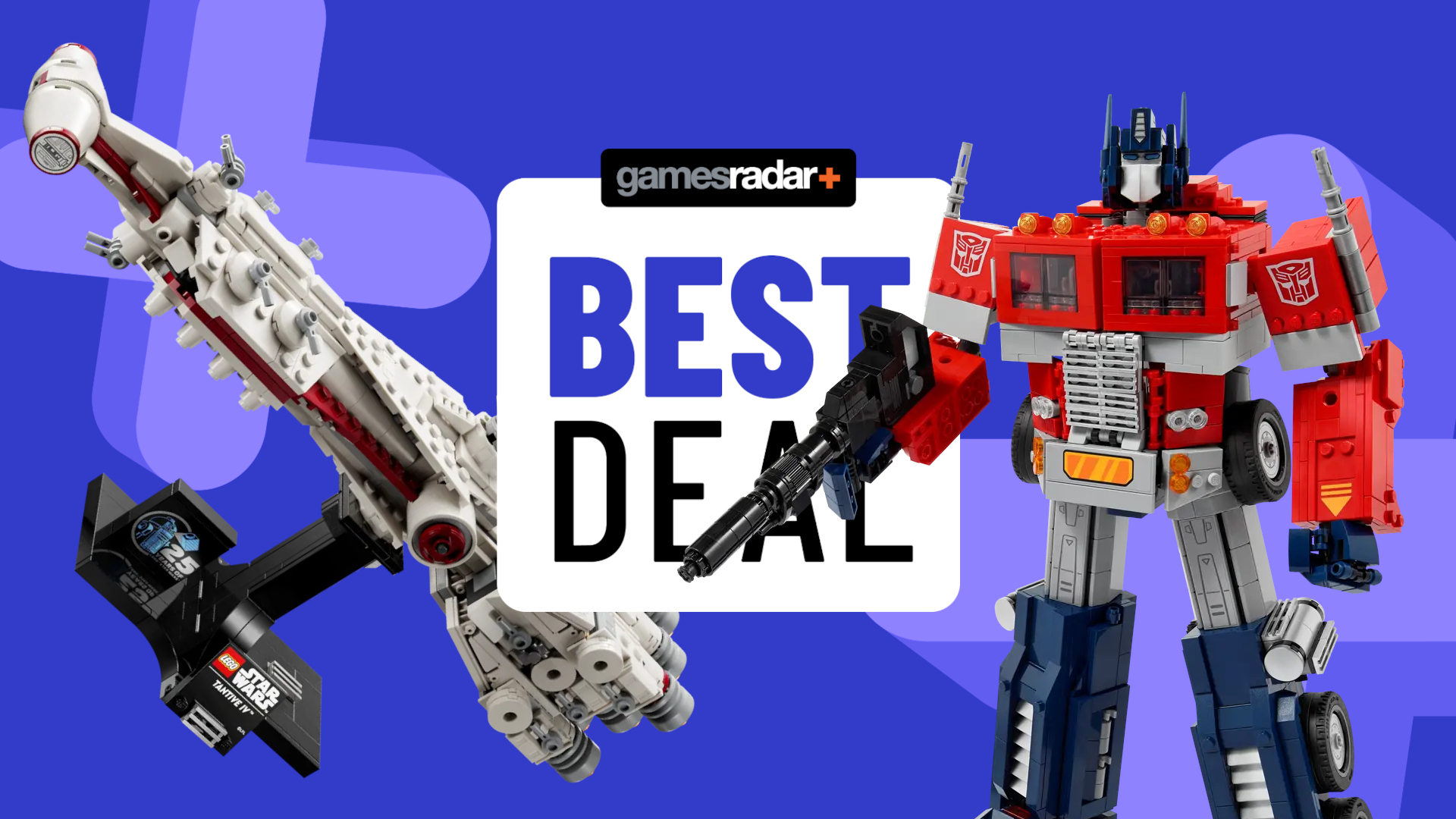 Lego Tantive IV and Optimus Prime sets on either side of a GamesRadar+ &#039;best deal&#039; page