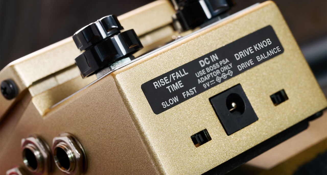Boss RT-2 Rotary Ensemble: the compact unit emulates the sound of a rotating speaker cabinet and has a visual indicator on the front of its gold enclosure that shows the speed of the bass and treble rotors.