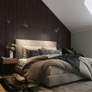 Bedroom with dark wood paneling behind the headboard