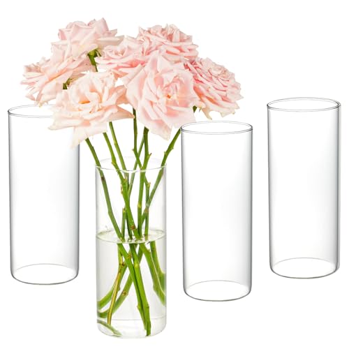 Dnanaol 4pcs Glass Cylinder Vases for Centerpieces - 8 Inch Tall Glass Vases for Flowers, Hurricane Candle Holders Floating Candle Vase for Table Centerpiece Formal Dinners Home Decor