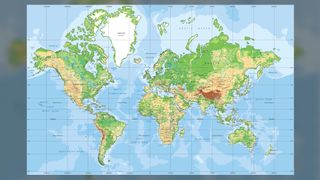 A flat map with the Mercator projection.