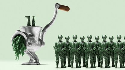 Illustration of plastic toy soldiers standing next to a meat grinder