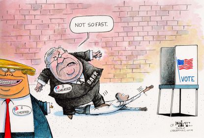 Political Cartoon U.S. Trump Barr 2020 voter suppression