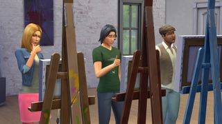The Sims 4 cheats - Three sims consider art on their easels