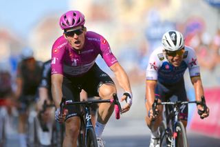 Mark Cavendish (R) took third behind Phil Bauhaus and Arnaud Demare (L) on stage 13