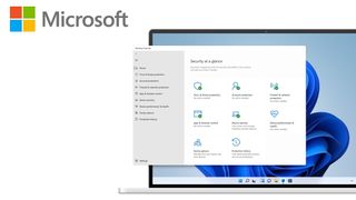 Microsoft Defender antivirus körs på en laptop. Visas mot en vit bakgrund