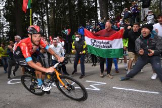 VALLE SPLUGA ALPE MOTTA ITALY MAY 29 Damiano Caruso of Italy and Team Bahrain Victorious passing through Valle Spluga Alpe Motta 1727m mountain during the 104th Giro dItalia 2021 Stage 20 a 164km stage from Verbania to Valle Spluga Alpe Motta 1727m Public Fans UCIworldtour girodiitalia Giro on May 29 2021 in Valle Spluga Alpe Motta Italy Photo by Tim de WaeleGetty Images