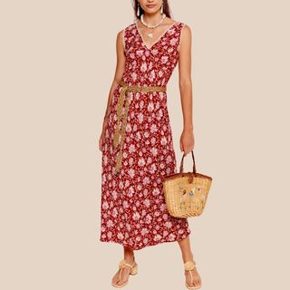 Flat lay image of red floral dress