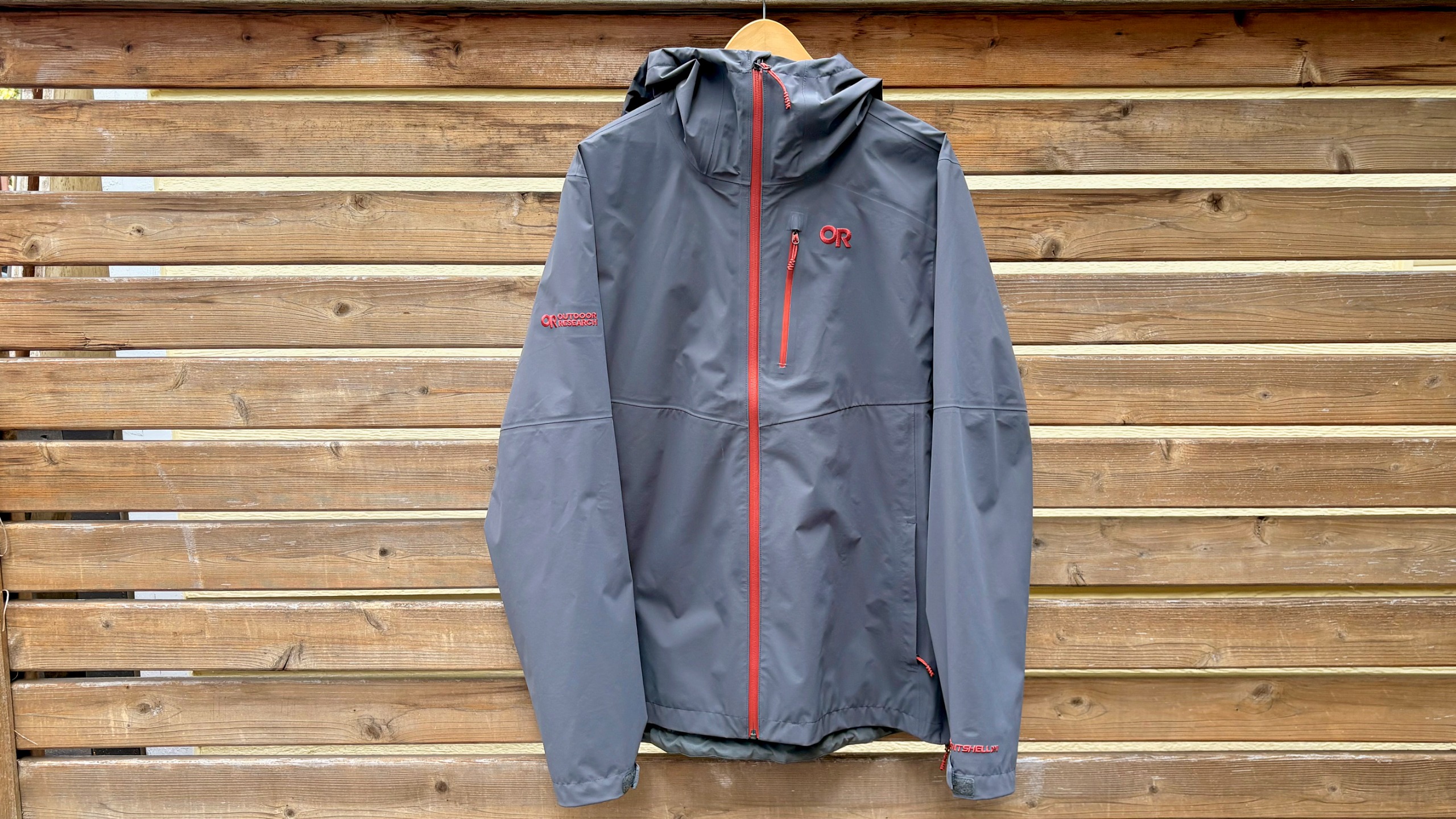 Close-up of the Outdoor Research Foray 3L rain jacket in "Storm"