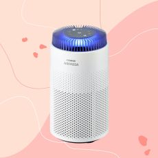 Coway Airmega 50 Air Purifier on a pink background