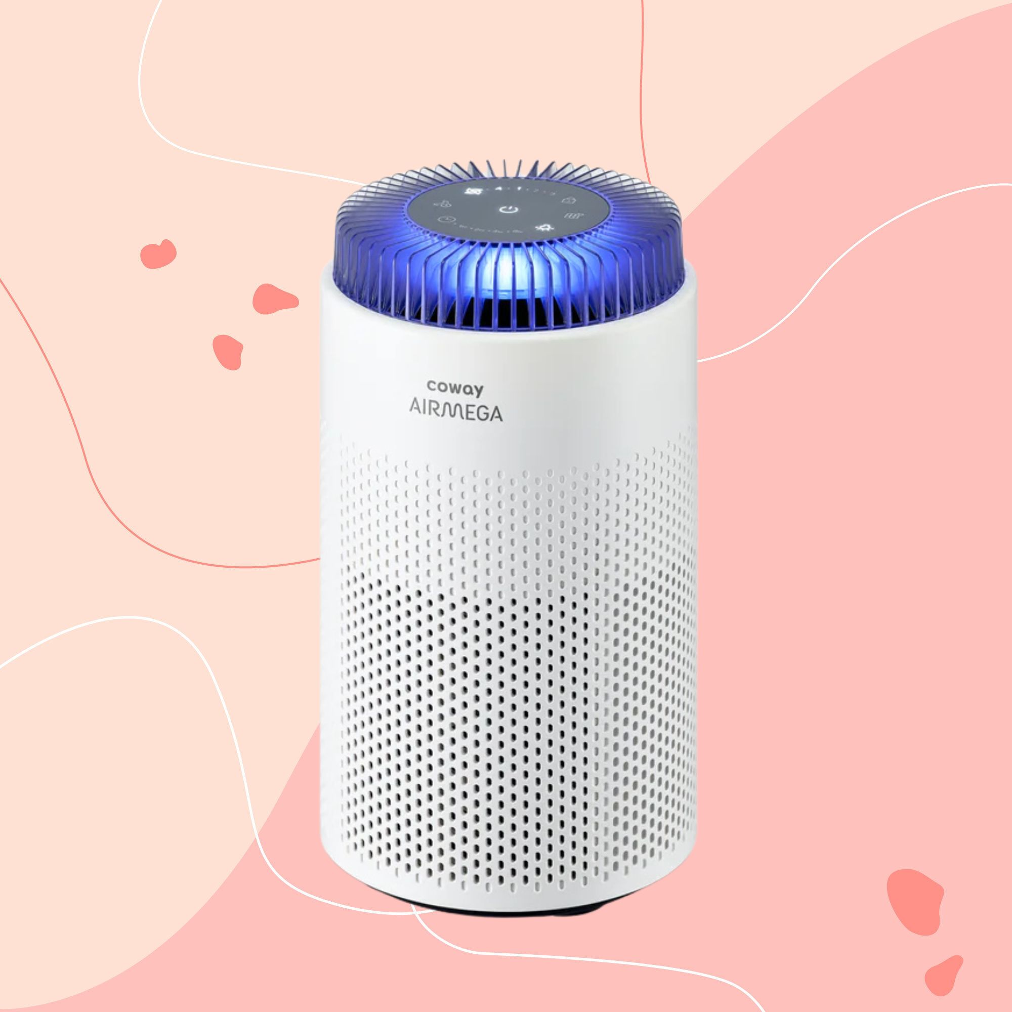 Coway Airmega 50 Air Purifier on a pink background