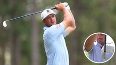 Bryson DeChambeau hits an iron shot and points to the face of them