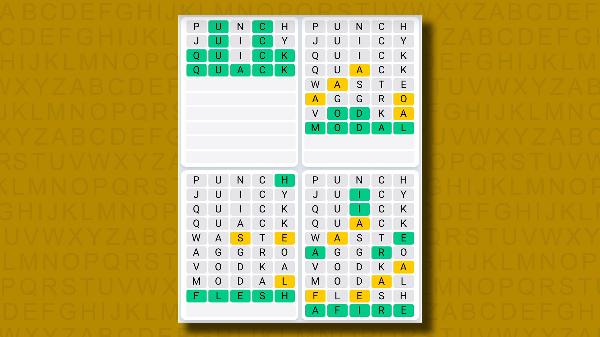 Quordle Daily Sequence answers for game 1134 on a yellow background