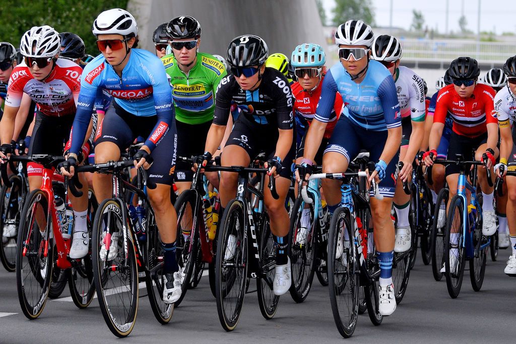 BRUGGE BELGIUM JUNE 23 Jolien Dhoore of Belgium and Belgium National Team Green Points Jersey Rotem Gafinovitz of Israel and Team Bingoal Casino Chevalmeire Susanne Andersen of Norway and Team DSM Audrey Cordon Ragot of France and Team Trek Segafredo during the 9th Lotto Belgium Tour 2021 Stage 1 a 1126km stage from Blankenberge to Bruges LottoBelgTour LottoBelgiumTour on June 23 2021 in Brugge Belgium Photo by Luc ClaessenGetty Images