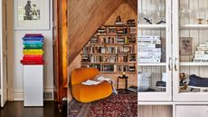 Three book nooks: an entryway with a rainbow stack of books, a wood-paneled room with open shelving and an orange chair, and a white, glass-front cabinet with cookbooks and glassware