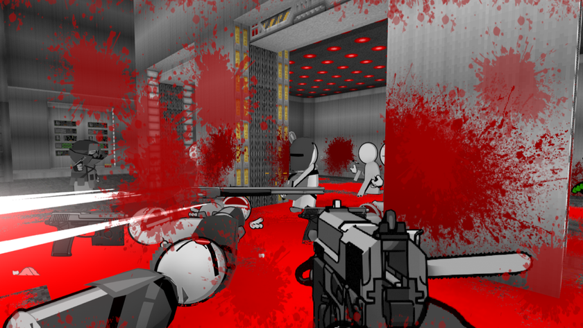 Madness characters lie in a vast pool of blood at the player&#039;s feet.