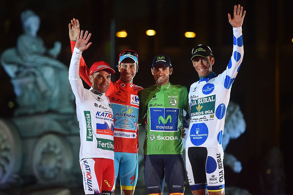Rodriguez, Aru, Valverde and Fraile on the final Vuelta podium in Madrid.
