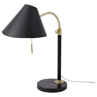 West Elm Mid Century Task Desk Lamp iwith black base, shade and base arm and gold arm that connects the base to the shade