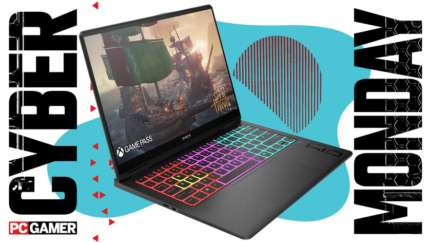 An HP laptop on a blue Cyber Monday background.