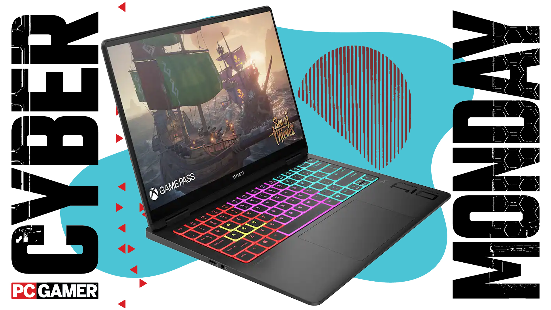 An HP laptop on a blue Cyber Monday background.