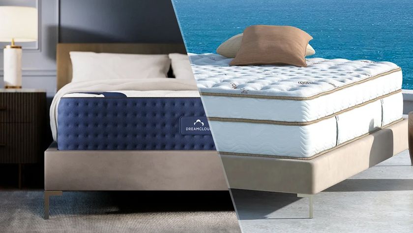 A DreamCloud mattress and Saatva Classic mattress seperated by a vertical line