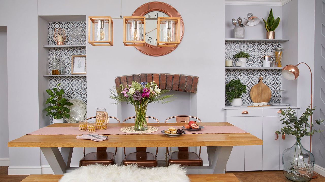 dining room with watch on wall and open shelves