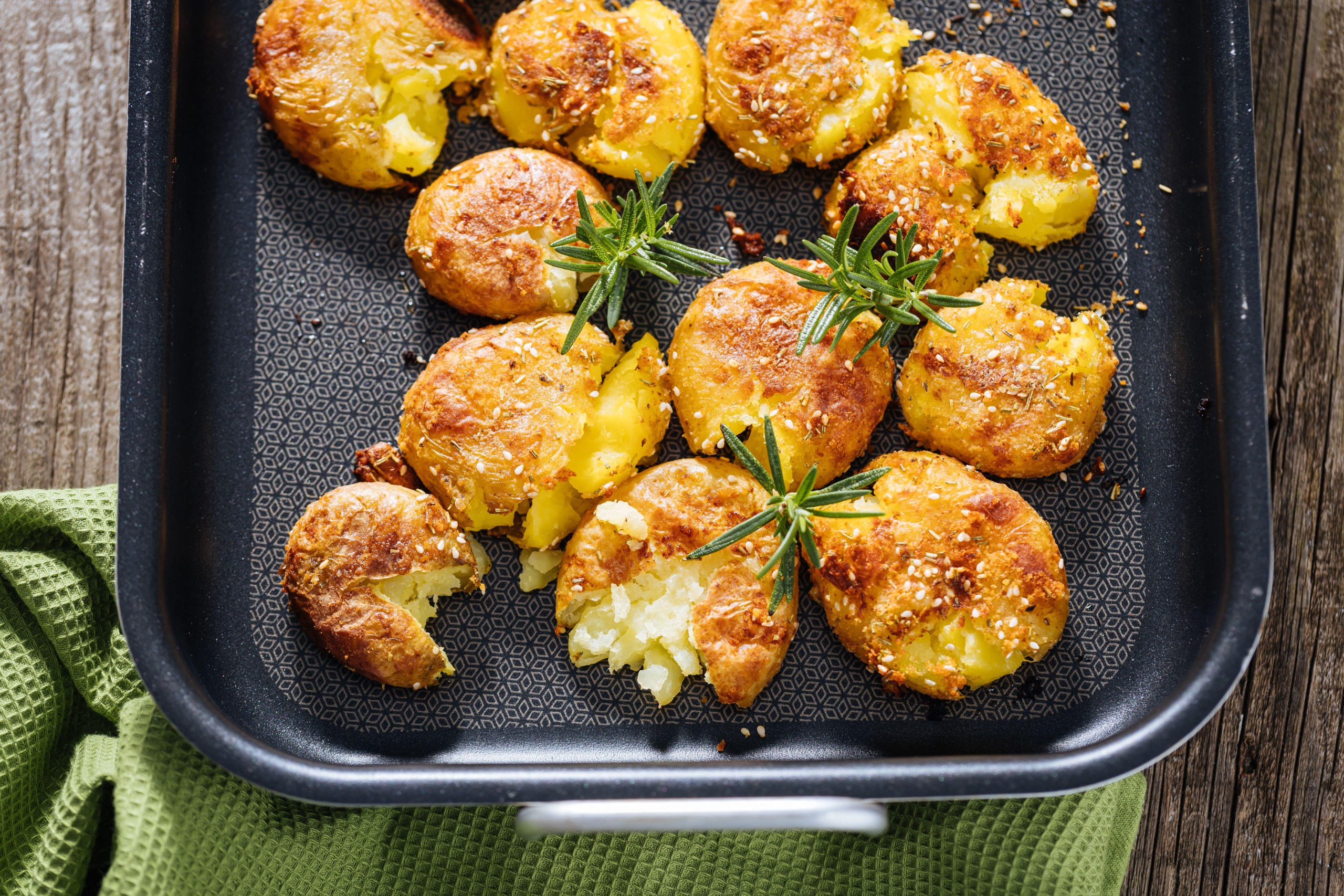 A tray of roast potatoes viewed from above