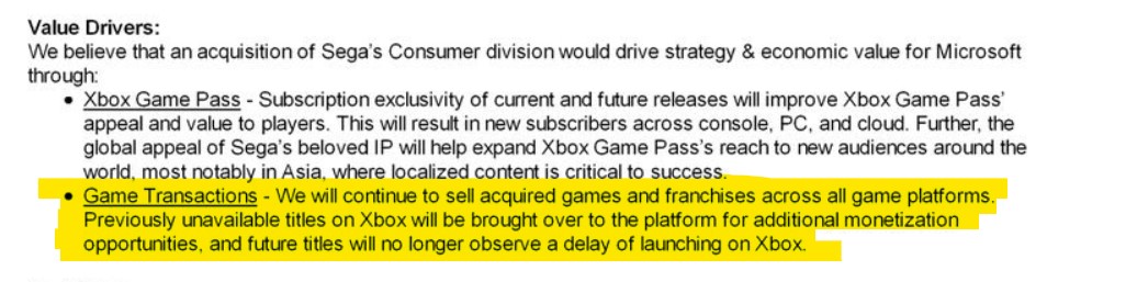 Documentos internos de Microsoft comprometiéndose a mantener los juegos de Sega multiplataforma.
