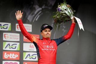 LIEGE BELGIUM APRIL 23 Thomas Pidcock of The United Kingdom and Team INEOS Grenadiers celebrates at podium as second place winner during the 109th Liege Bastogne Liege 2023 Mens Elite a 2581km one day race from Lige to Lige UCIWT on April 23 2023 in Liege Belgium Photo by Luc ClaessenGetty Images