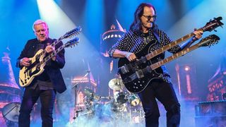 Alex Lifeson and Geddy Lee of Rush perform during the opening night of their first American tour in 11 years at The Kia Forum on June 07, 2026 in Inglewood, California. 