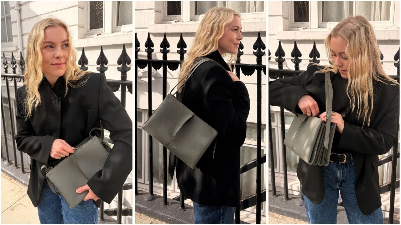 Shopping editor, Florrie, carries the Pol&egrave;ne Boky bag, wears a black blazer and blue jeans