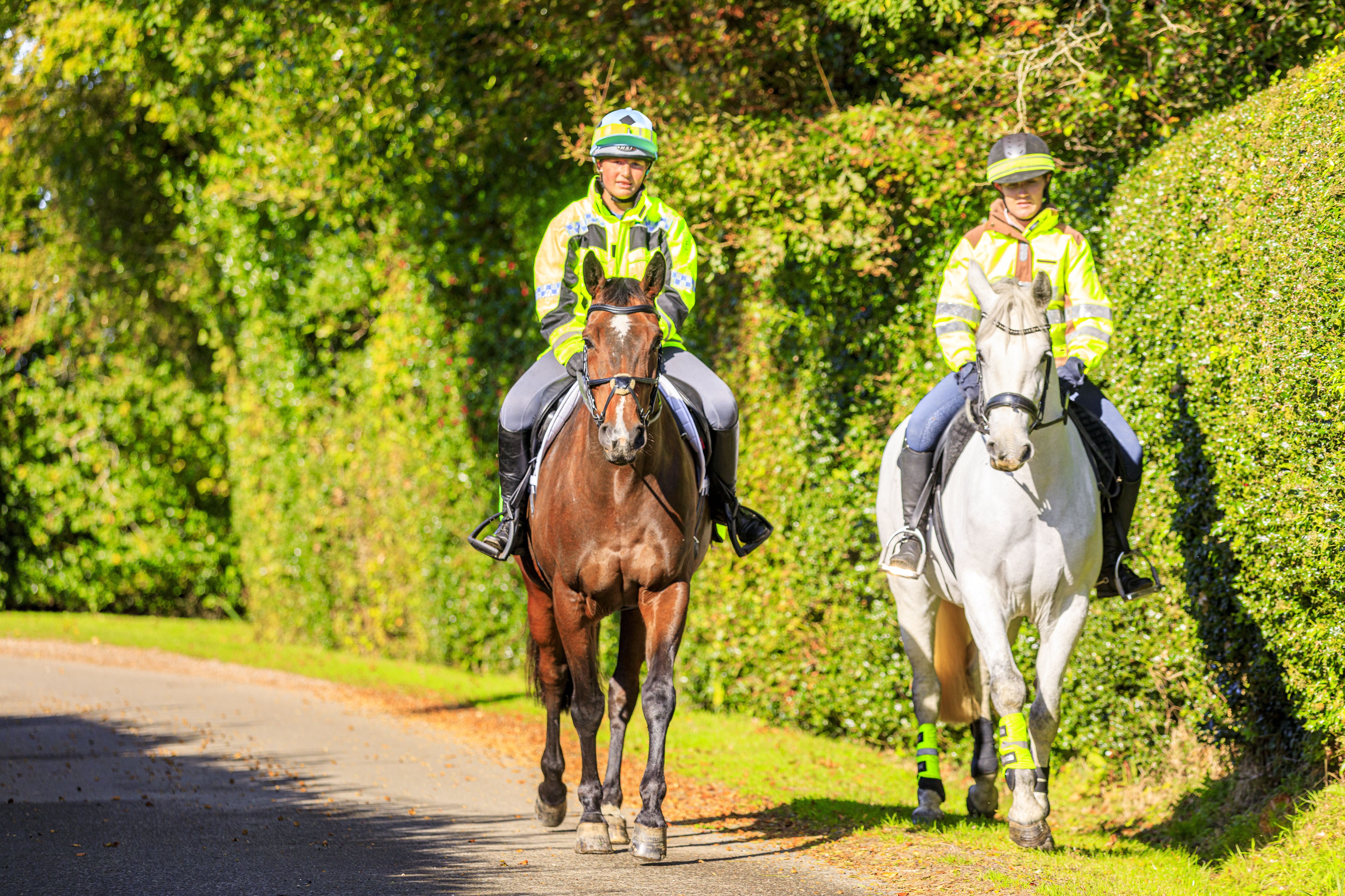Two horse riders wearing hi-vis jackets and hat bands. One horse wearing hi-vis leg wraps.