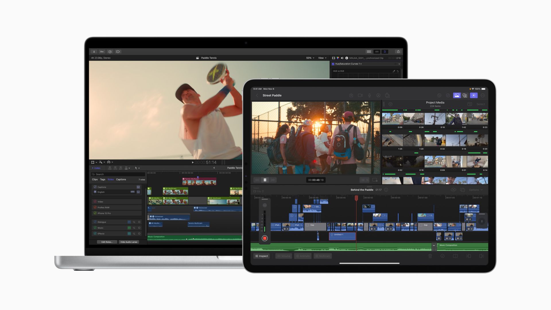 An iPad and a MacBook, both running Final Cut Pro, against a white background.