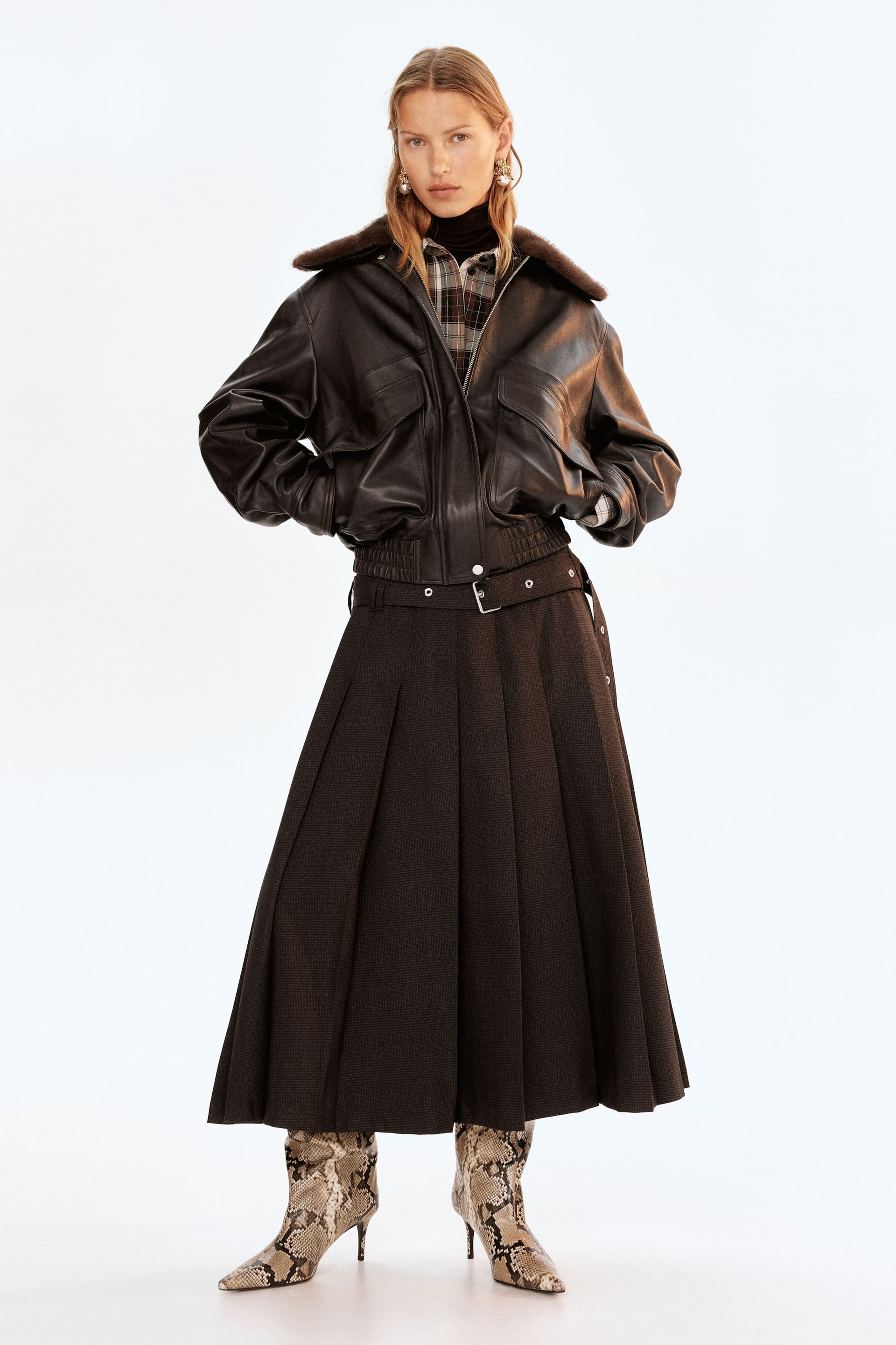 Belted Pleated Skirt - Dark Brown