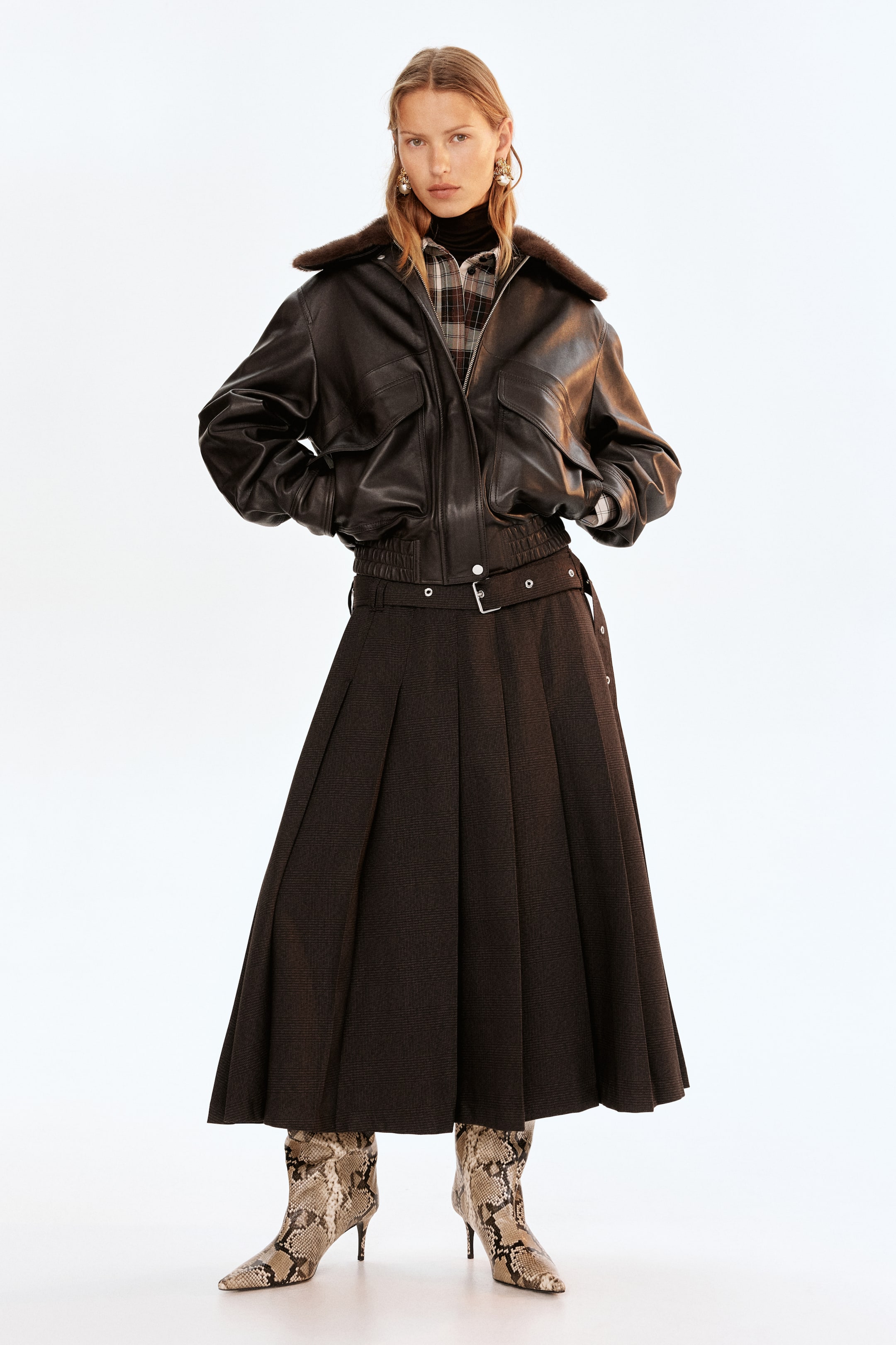 Belted Pleated Skirt - Dark Brown