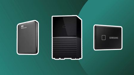 Our three best external hard drives, in a row on a pine-green background. 