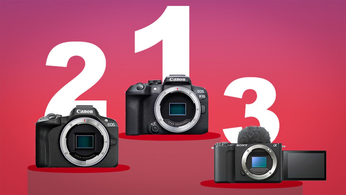 Podium revealing top three best-selling cameras in Japan in 2025, Canon R10 and R50 and Sony ZV-E10 II