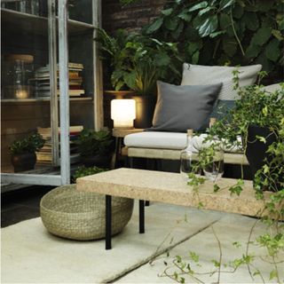 outdoor space with bench and plants on the wall