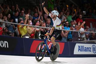 MUNICH GERMANY AUGUST 14 Gold medalist Elia Viviani of Italy celebrates after winning the Mens Elimination Race Final during the cycling track competition on day 4 of the European Championships Munich 2022 at Messe Muenchen on August 14 2022 in Munich Germany Photo by Sebastian WidmannGetty Images