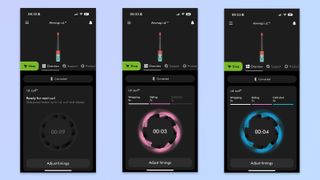 three screenshots from the MyDyson app showing Dyson airwrap i.d. i.d. curl feature, an automatic AI curling system